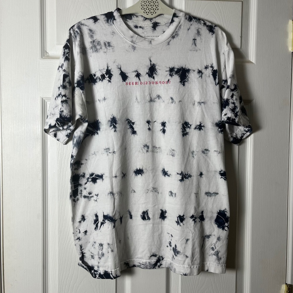 Seek Discomfort Yes Theory Tie Dye Graphic T-Shirt White Navy Blue Pink Medium